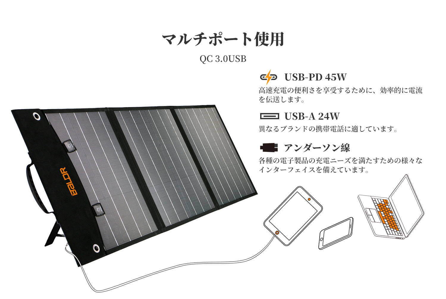 BALDR ソーラーパネル 60W ソーラーチャージャー折りたたみ式 BALDR ソーラーパネル 60W ソーラーチャージャー折りたたみ式