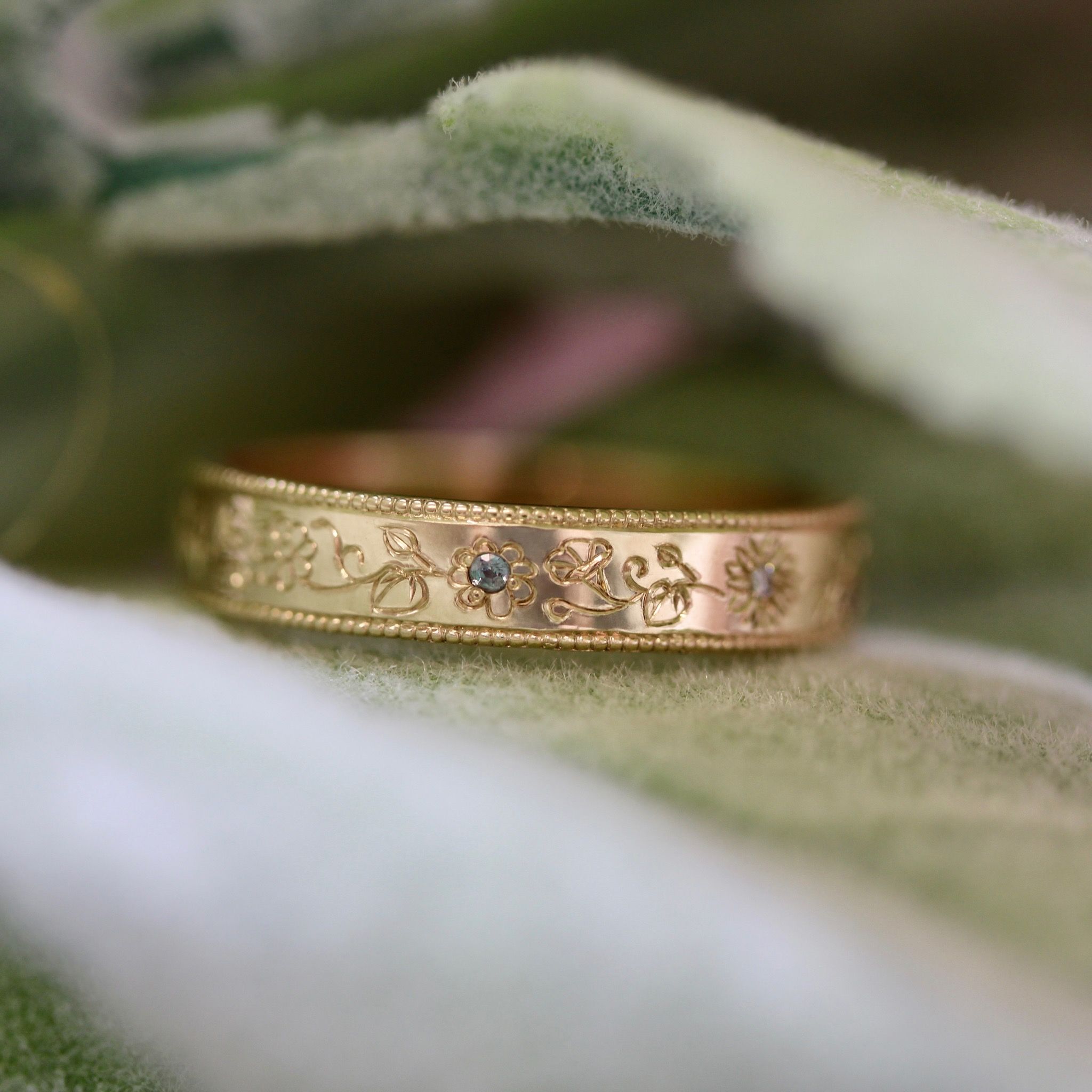 Hand-engraved floral wedding band