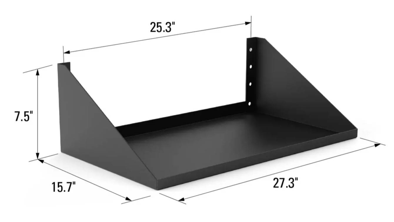 Black metal shelf with dimensions labeled.