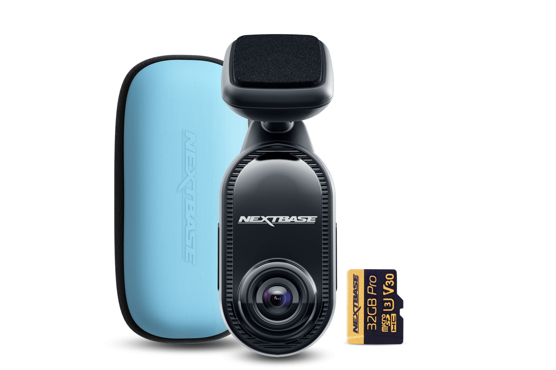 Car dash cam with carrying case and memory card.