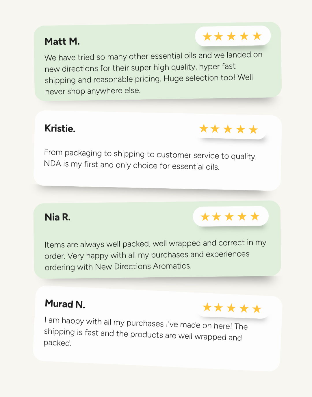 Customer reviews with names and star ratings in a visually appealing layout.