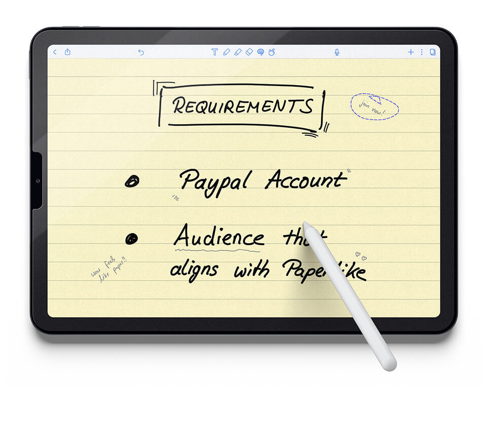 An image showing an iPad with a handwritten list of requirements to join Paperlike affiliate program like Paypal Account and Audience that aligns with Paperlike