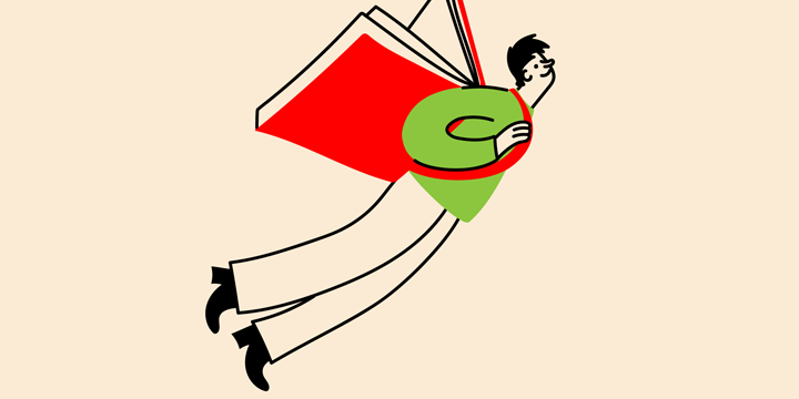 A cartoon character flying with a book, wearing a superhero cape.