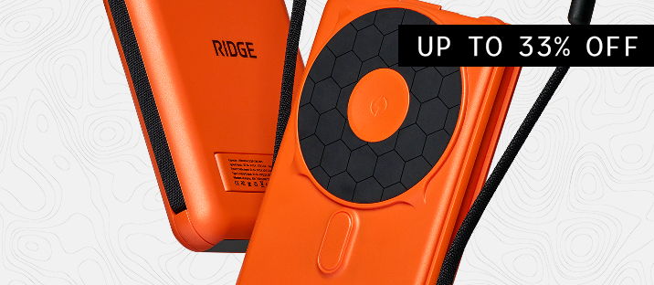 Orange portable device with promotional text 