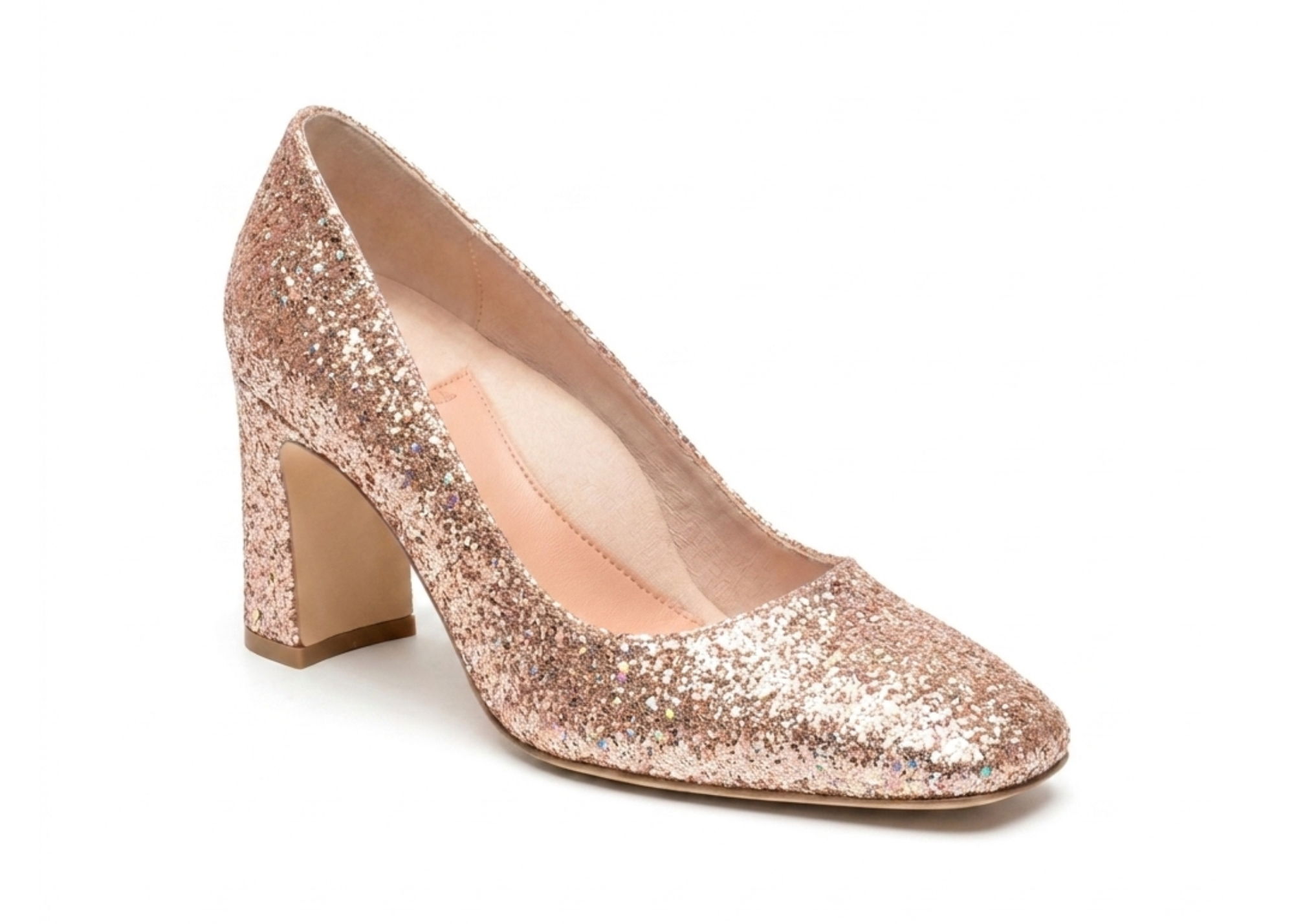Sparkly rose gold high heel shoe with a chunky heel.