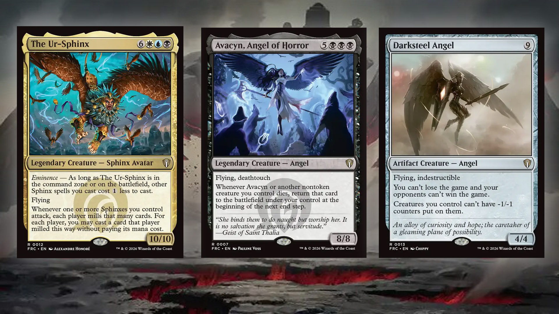 Avacyn, Angel of Horror, the Ur-Sphinx and Darksteel Angel, 3 key cards from the MTG Multiverse Reforged Commander deck.