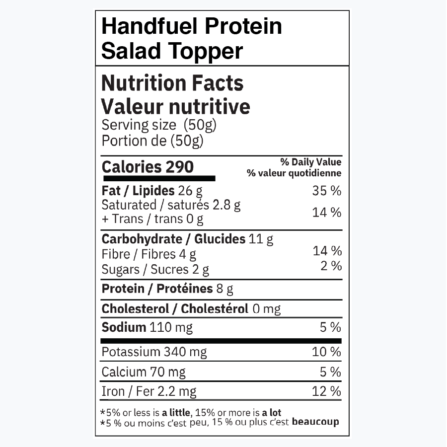 Nutrition facts label for Handfuel Protein Salad Topper.