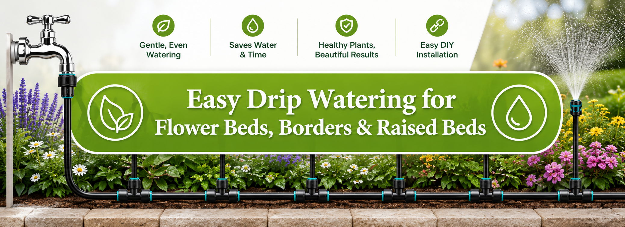 Easy drip watering for flower beds, borders, and raised beds.