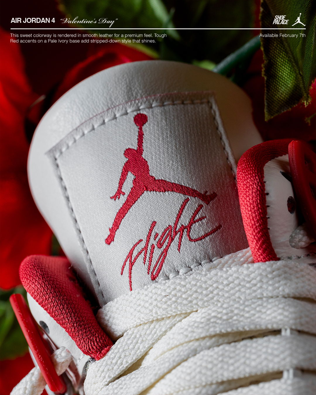 Air Jordan 4 - Close-up of Air Jordan 4 sneaker with red accents and logo.