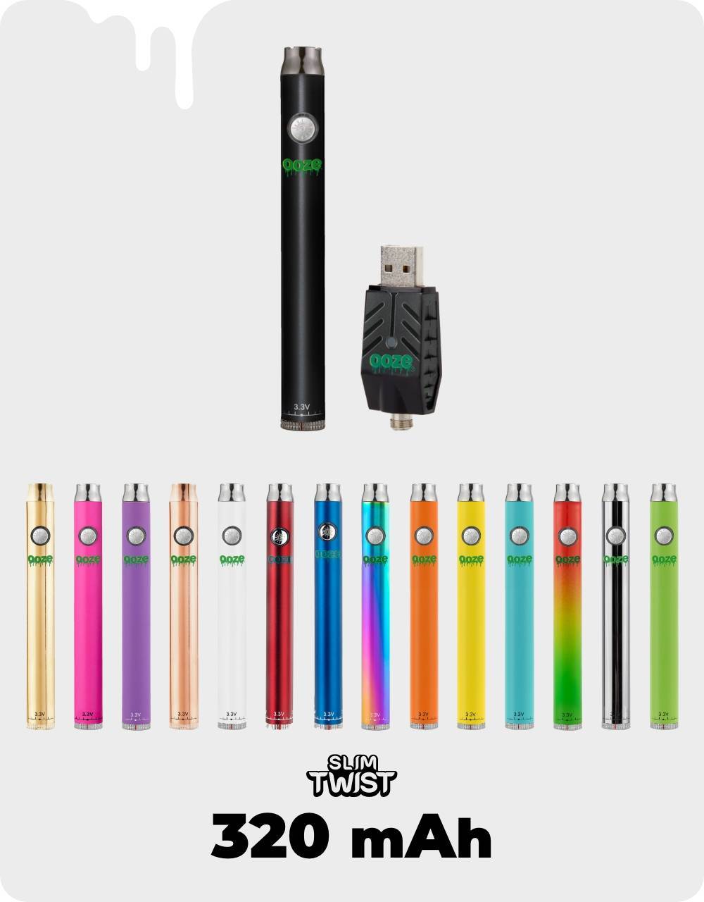 All 15 colors of the Ooze Slim Twist vape pen. The Panter Black pen and charger are shown on top, and the bottom says 320 mAh