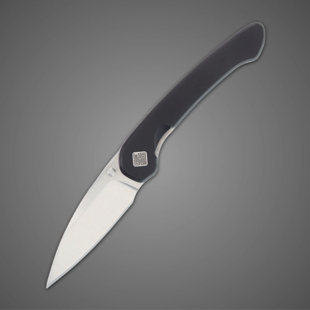 A sleek folding knife with a black handle and silver blade.