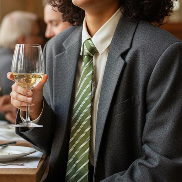 Woman at dinner in an oversized charcoal blazer with a loosely knotted pencil striped tie