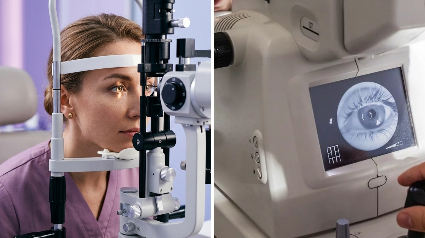Diagram showing the six steps of a comprehensive eye exam including visual acuity, refraction, slit-lamp, IOP, and dilated fundus exam