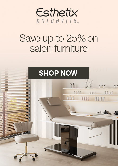 Promotional banner for Esthetix salon furniture sale.