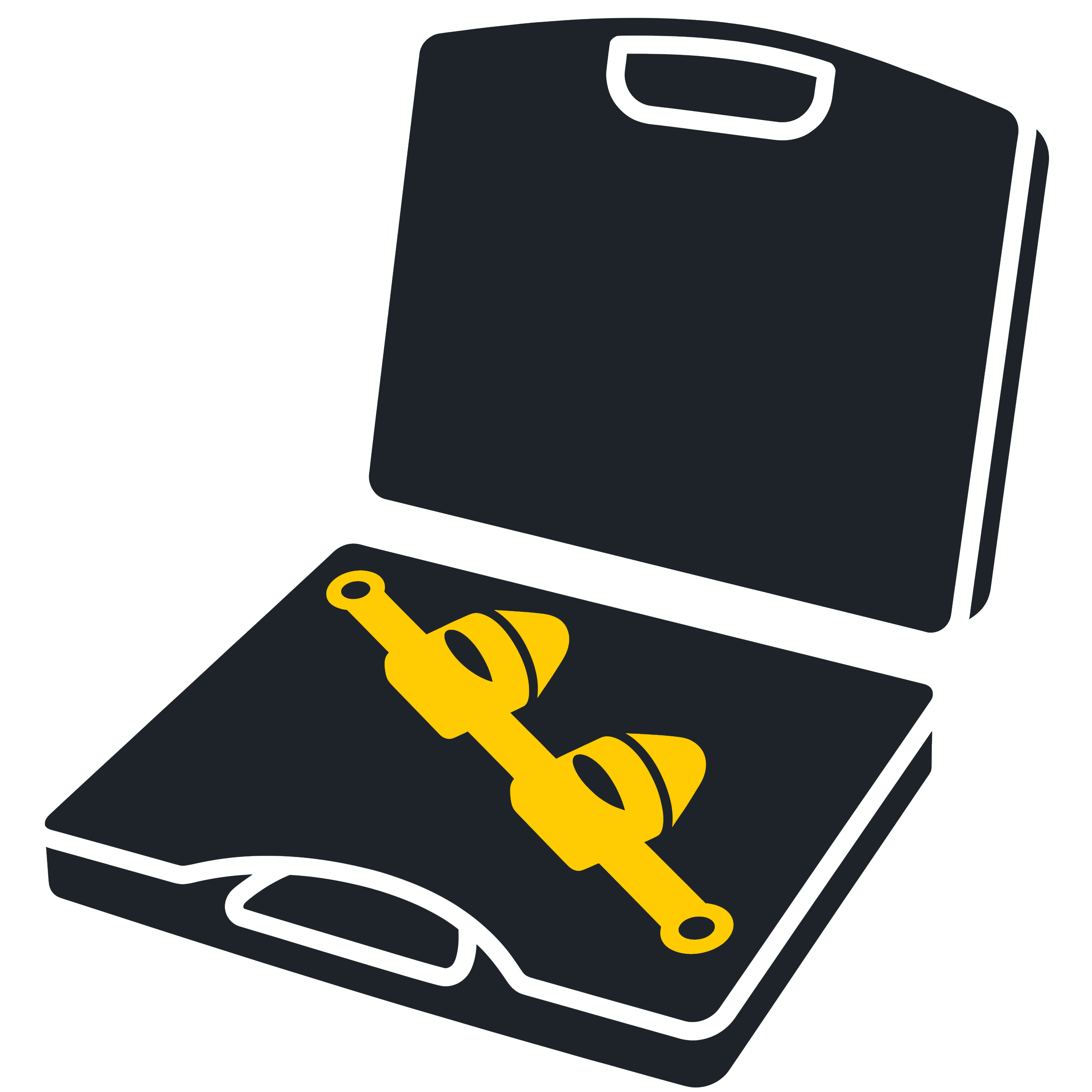 Open briefcase with yellow ear protection inside.