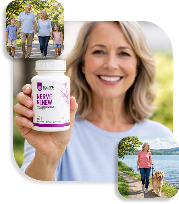 Woman holding Nerve Renew supplement, smiling, with nature and family in background.