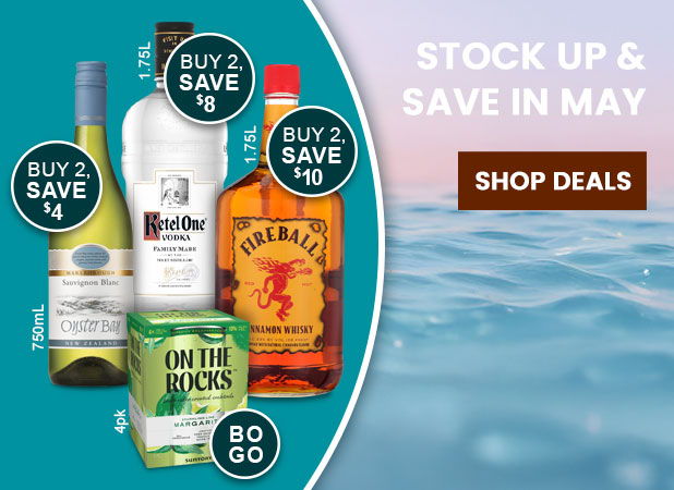 Promotional image for beverages with discounts and offers for May.