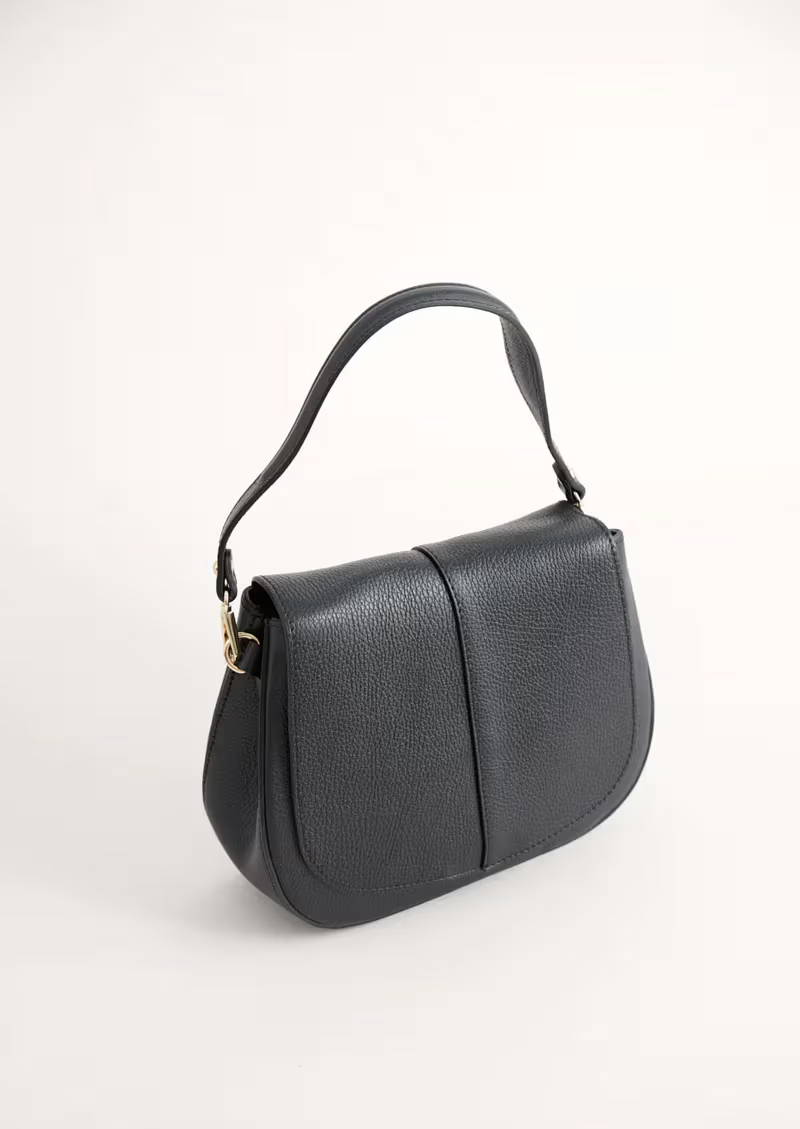 A black, leather saddle handbag