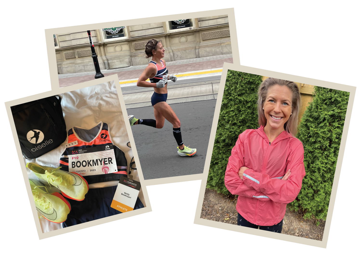 Molly Bookmyer racing the Toronto Marathon in her Oiselle race kit, and smiling for the camera before her race