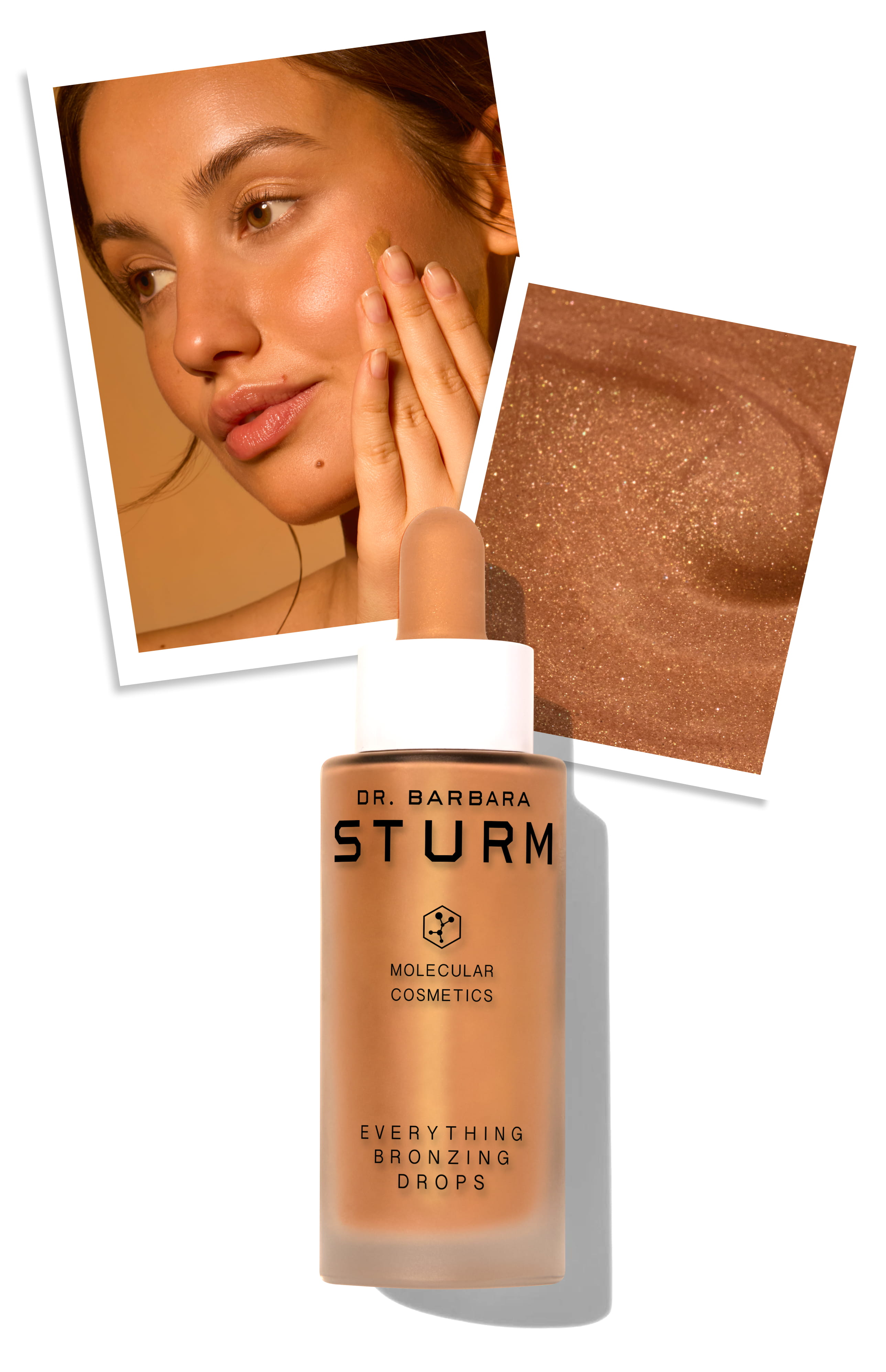 Model applying Dr. Barbara Sturm foundation with product and swatch images.