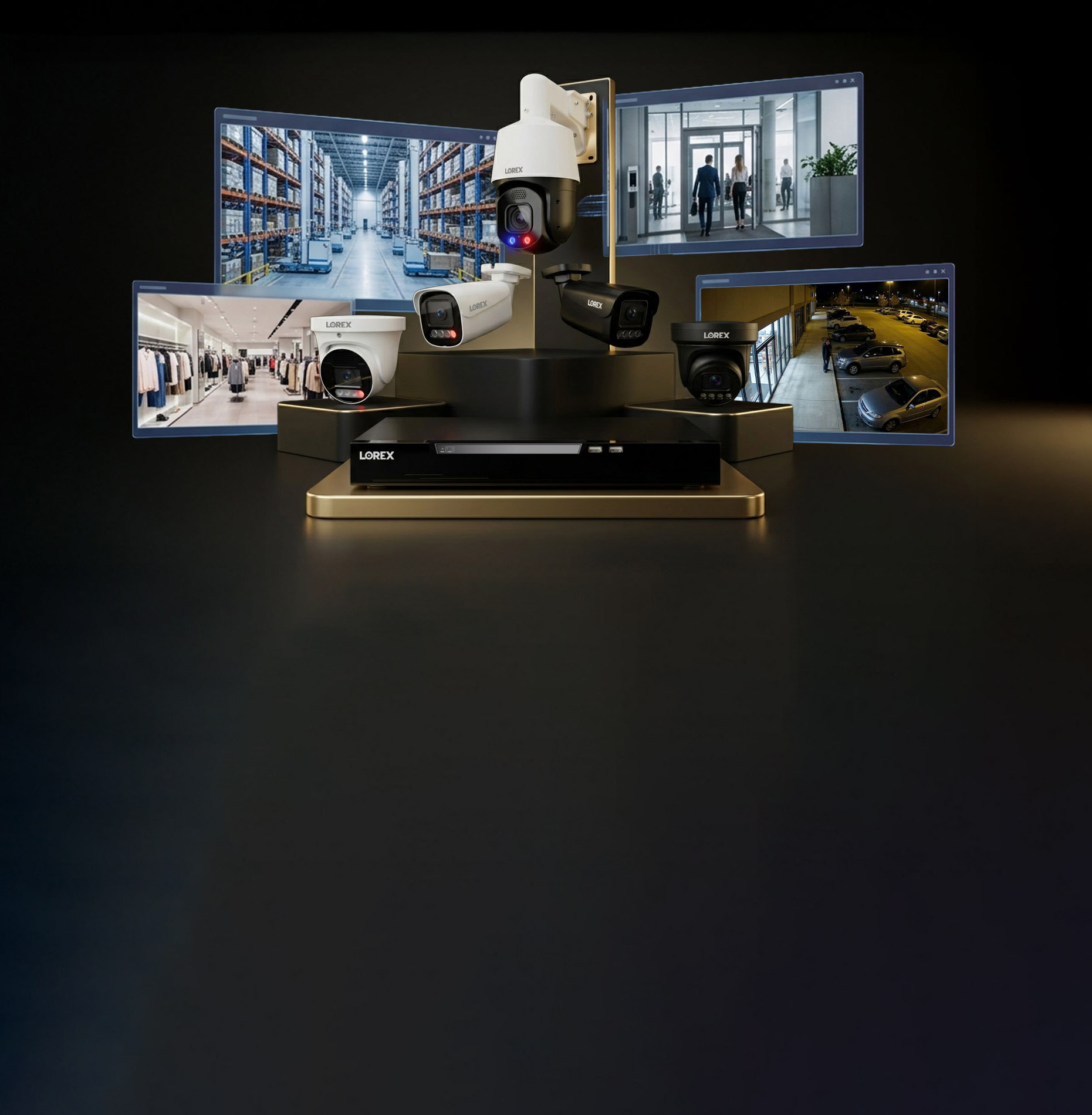 Lorex business security cameras and NVR system with screens showing warehouse, retail, office, and parking lot surveillance footage