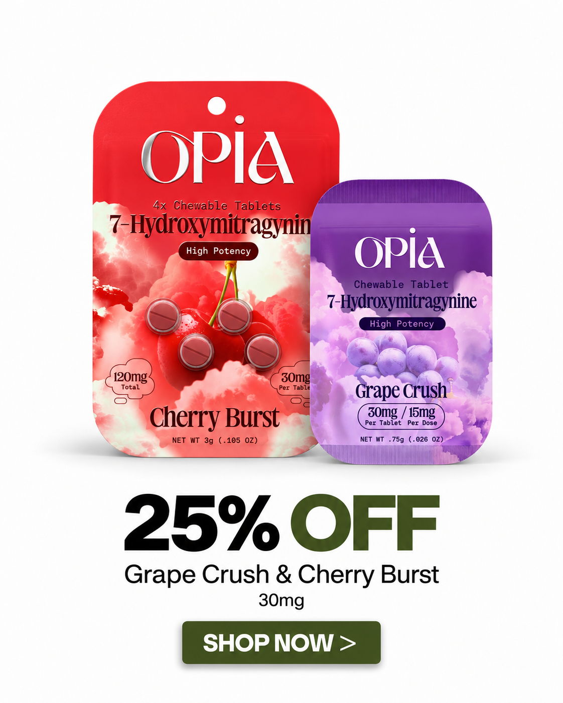 Promotional image for Opia products with discounts on Grape Crush and Cherry Burst.