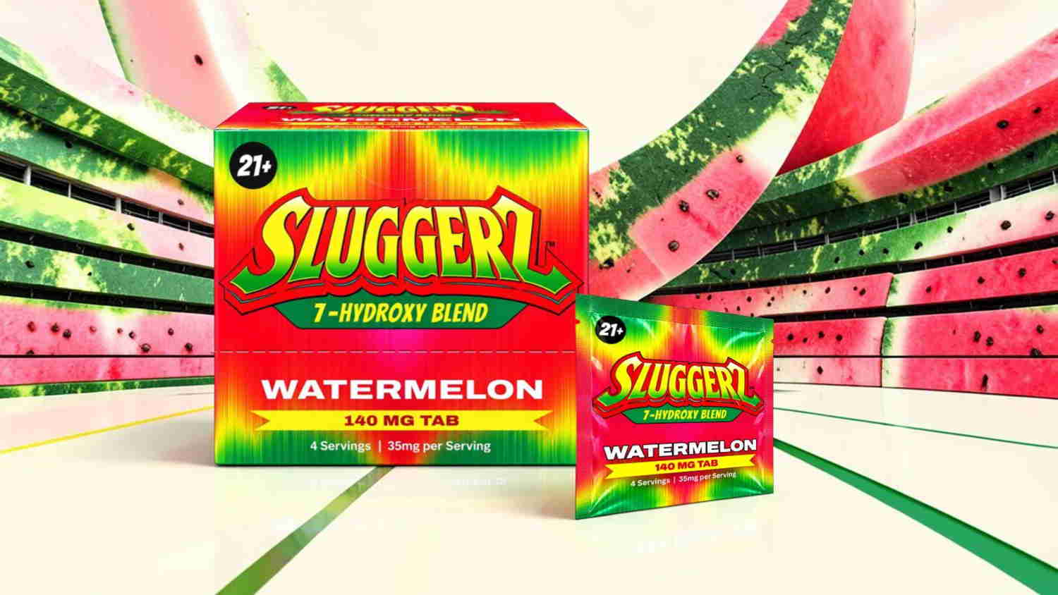 Colorful packaging for Sluggerz Watermelon candy with watermelon background.