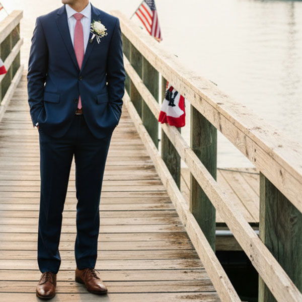 Groomsmen dockside in patriotic red, white and blue Americana attire
