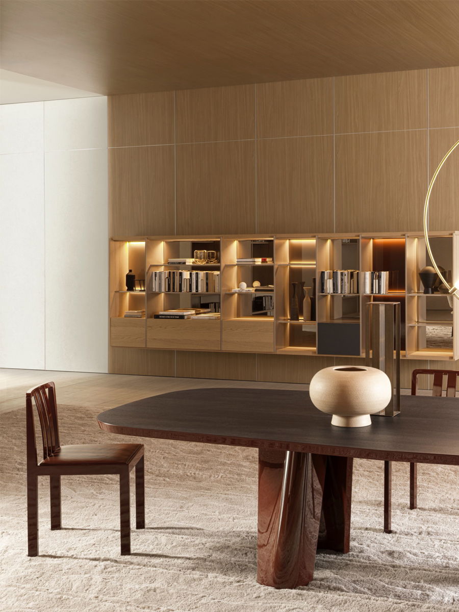 Modern Molteni & C dining room with a wooden table, chairs, and stylish decor.