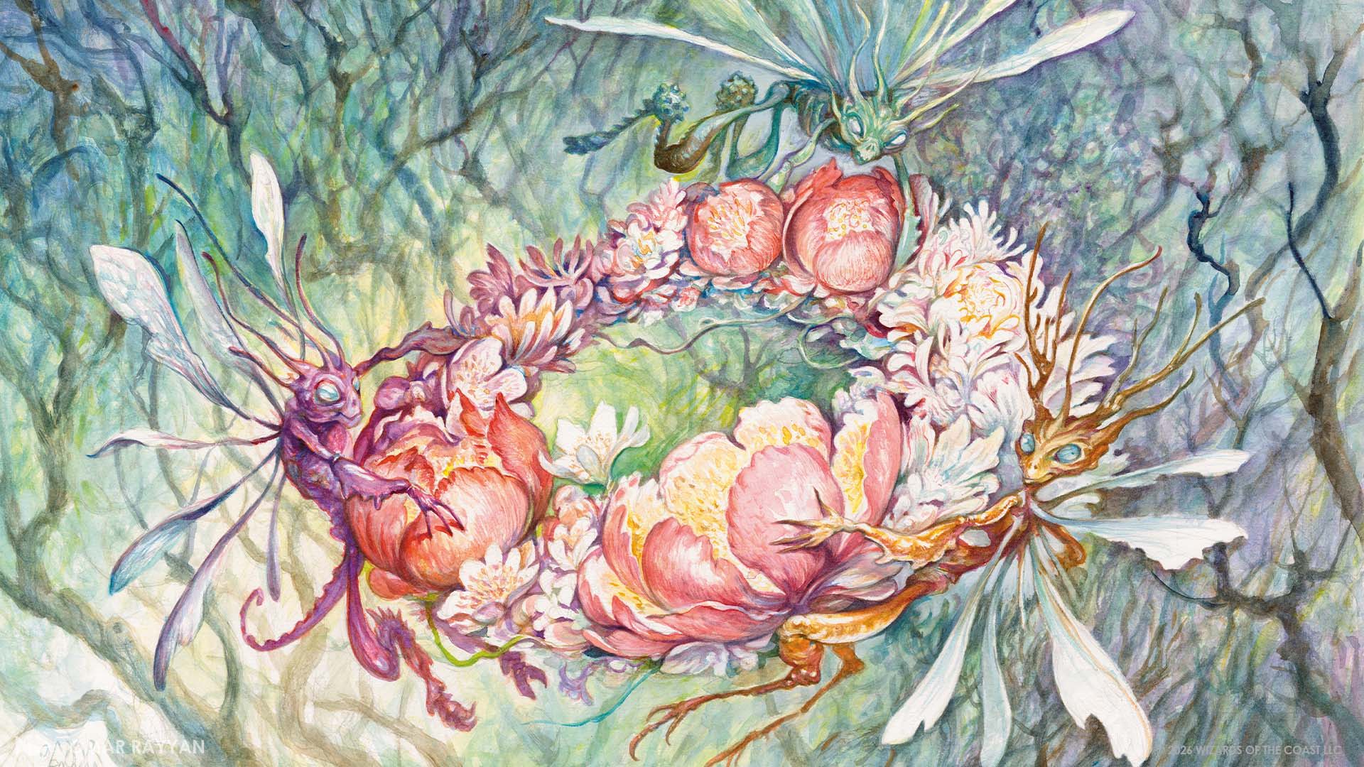 mtg lorwyn eclipsed commander deck list - A colorful, whimsical arrangement of flowers and insects in a circular design.