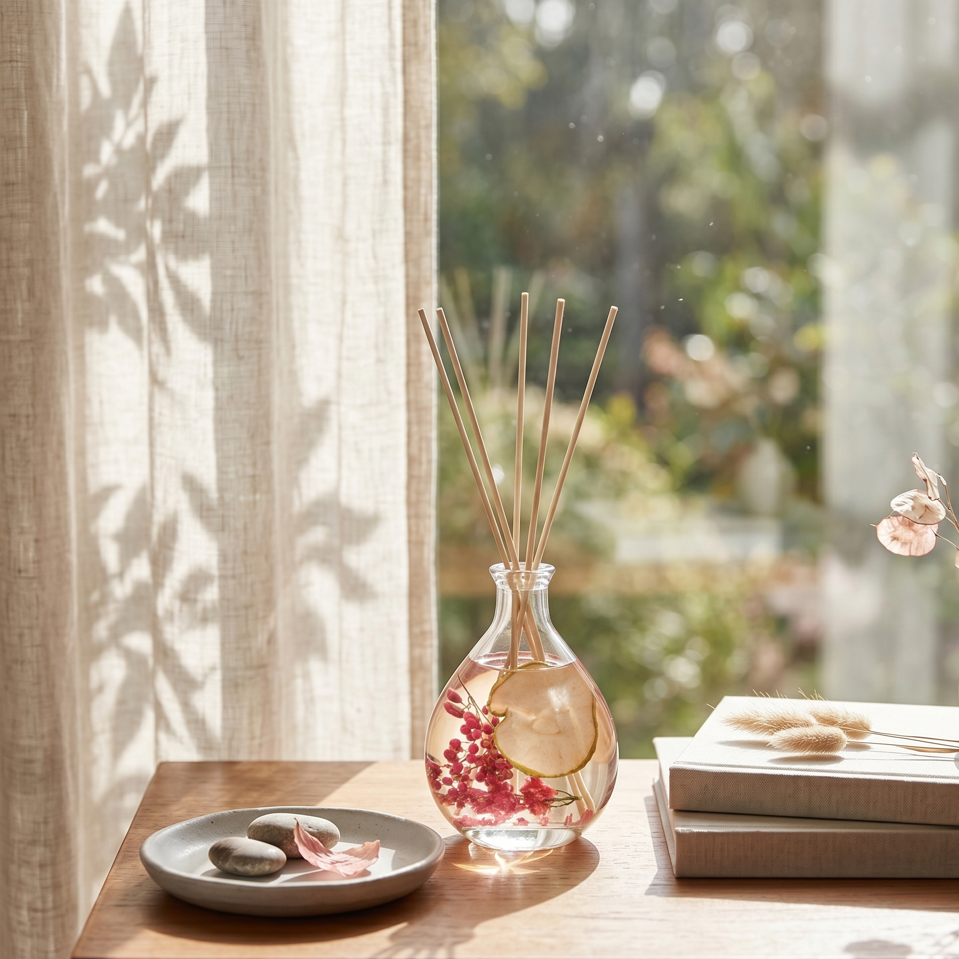 A vase with reeds and a plate of stones by a window.