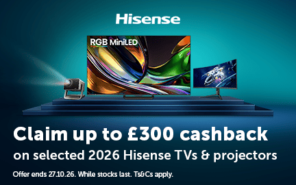 Hisense promotional image for cashback on selected TVs and projectors.