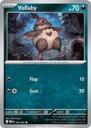 Vullaby Pokémon card featuring abilities Flap and Gust, with artwork background.