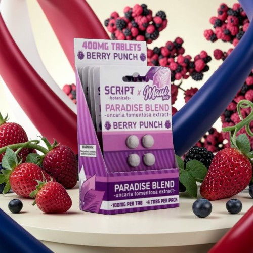 Packaging of Berry Punch tablets surrounded by berries.