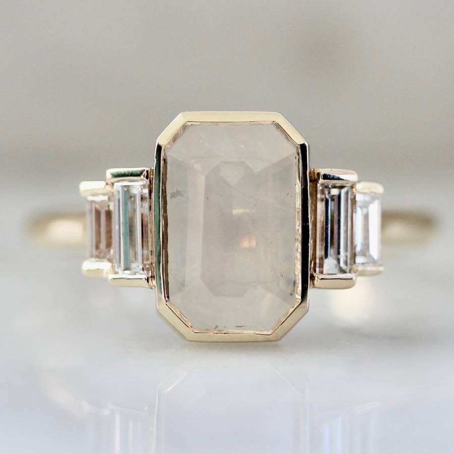 White Emerald Cut Opalescent Sapphire Ring