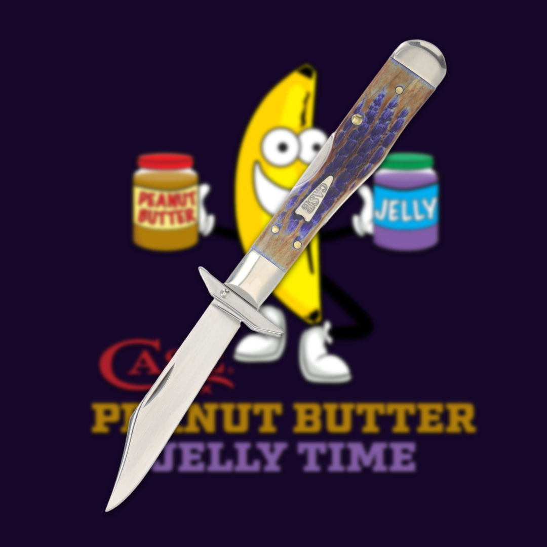 A cartoon banana with jars of peanut butter and jelly, holding a knife.