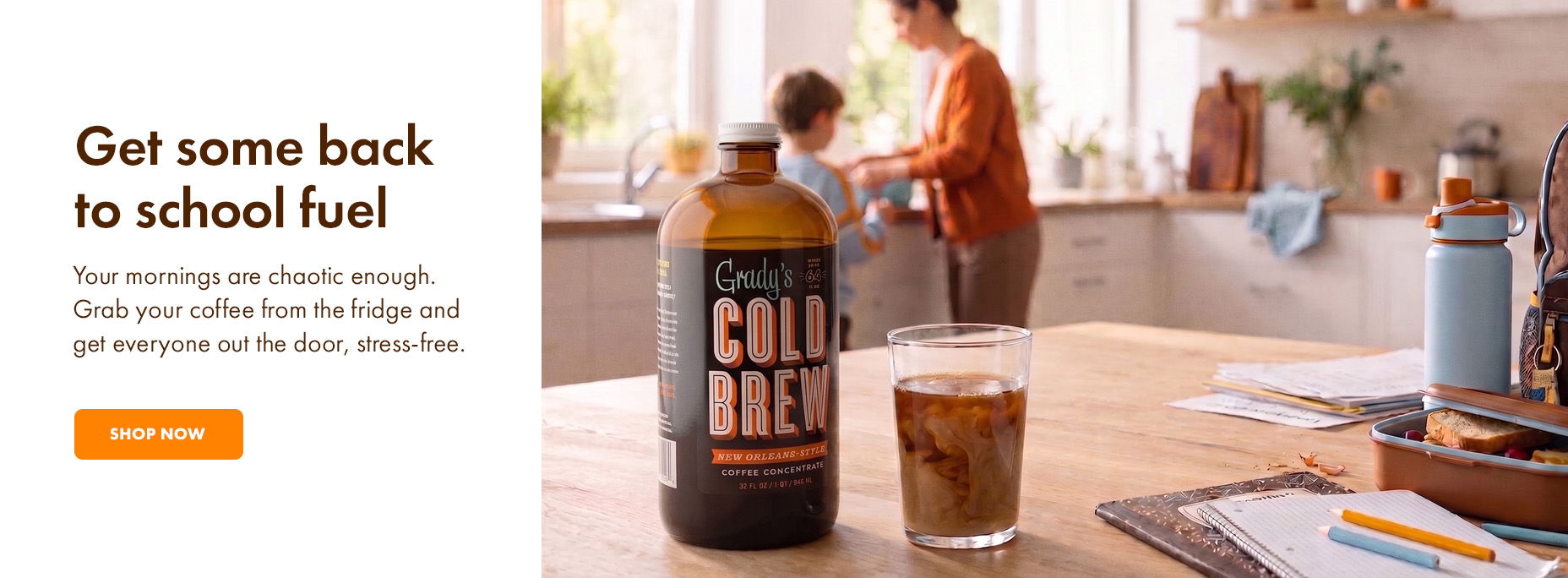 Grady’s Cold Brew concentrate and a glass of iced coffee on a kitchen table with a family getting ready for school.