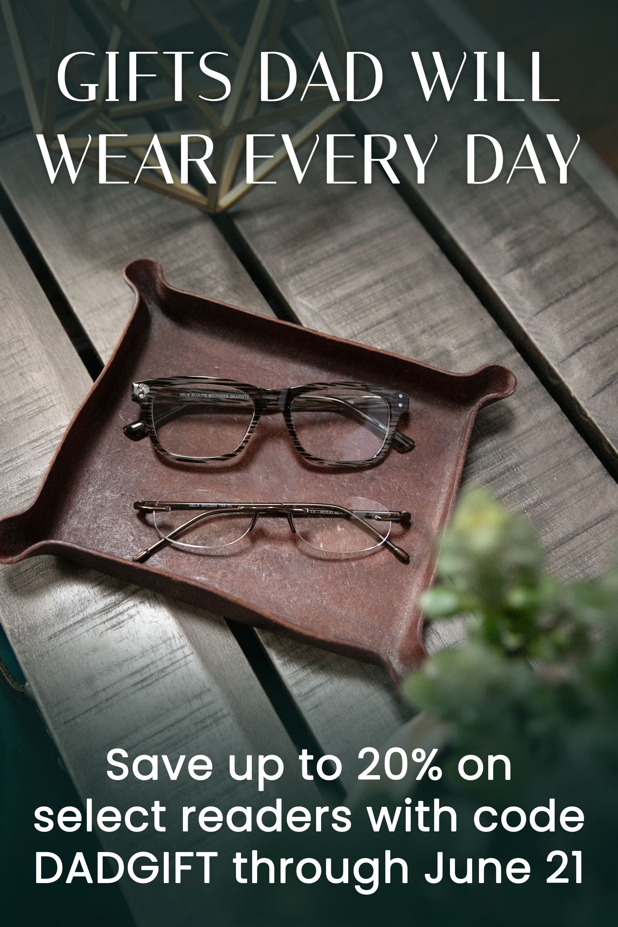 Glasses on a tray with promotional text for Father's Day gifts.