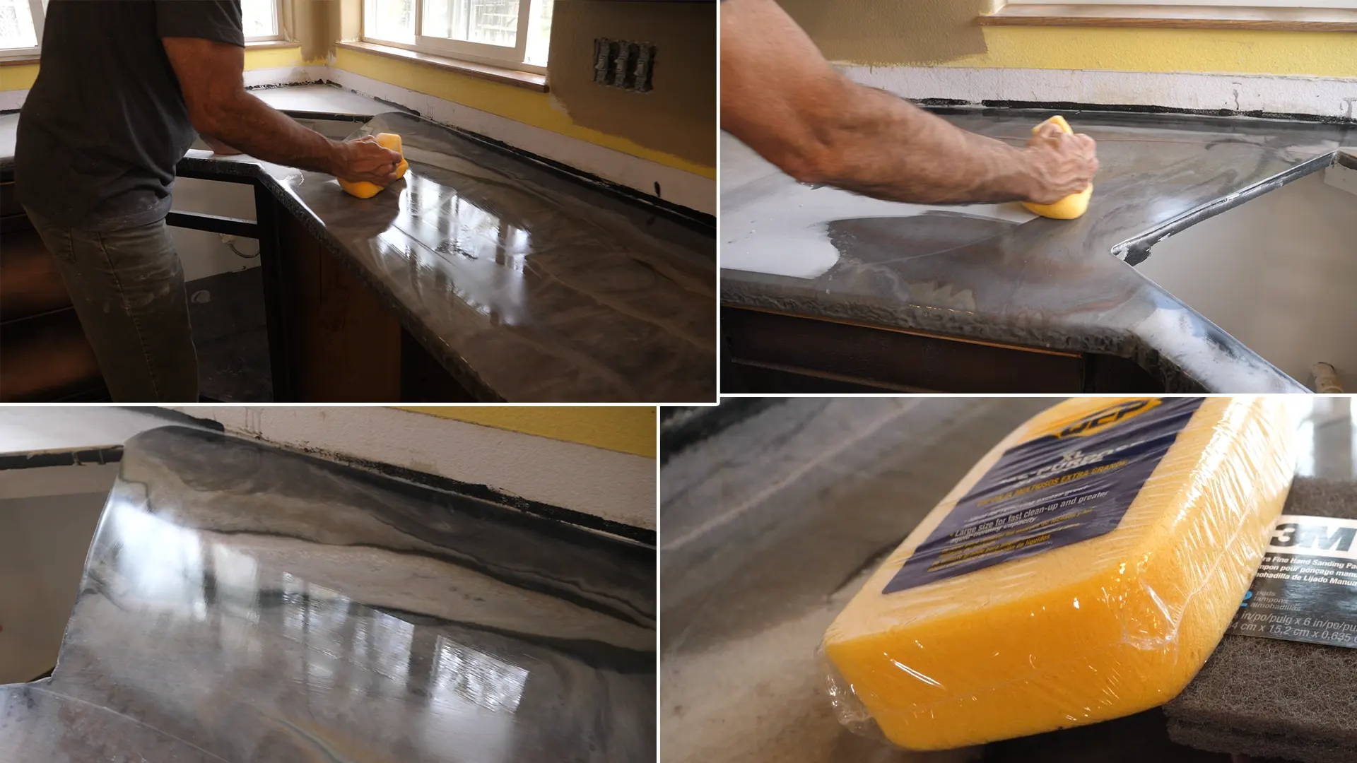 Wiping away dust with a sponge and water, allowing it to dry for a strong bond with the topcoat.