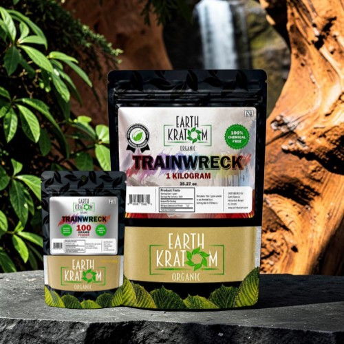Two kratom product packages in a natural setting with a waterfall backdrop.