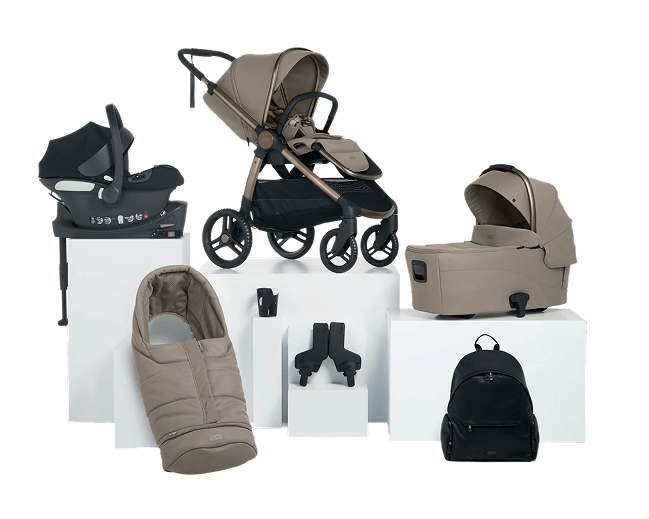 Various baby products including strollers, car seats, and accessories on display.