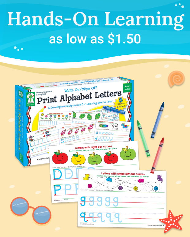 Hands-On Learning, Print Alphabet Letters kit, colorful worksheets, crayons, beach background.