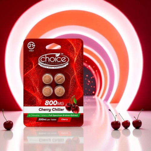 Pack of Cherry Chiller gummies with a colorful background and cherries.