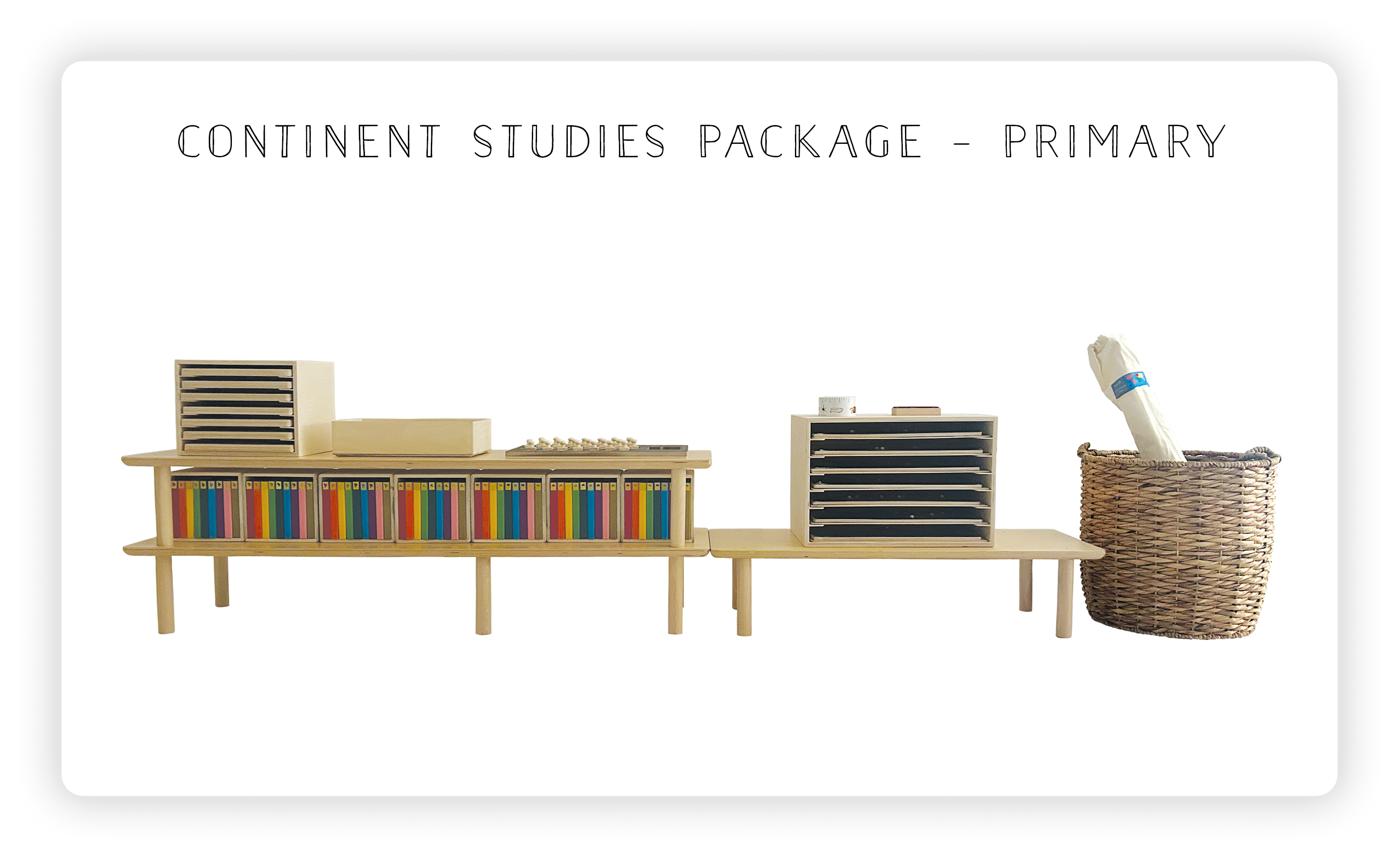 Educational materials for primary continent studies displayed on a table.