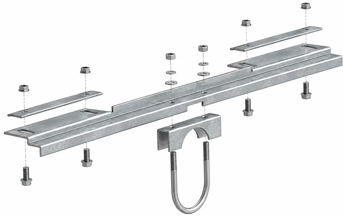Diagram of a metal mounting bracket with screws and components.