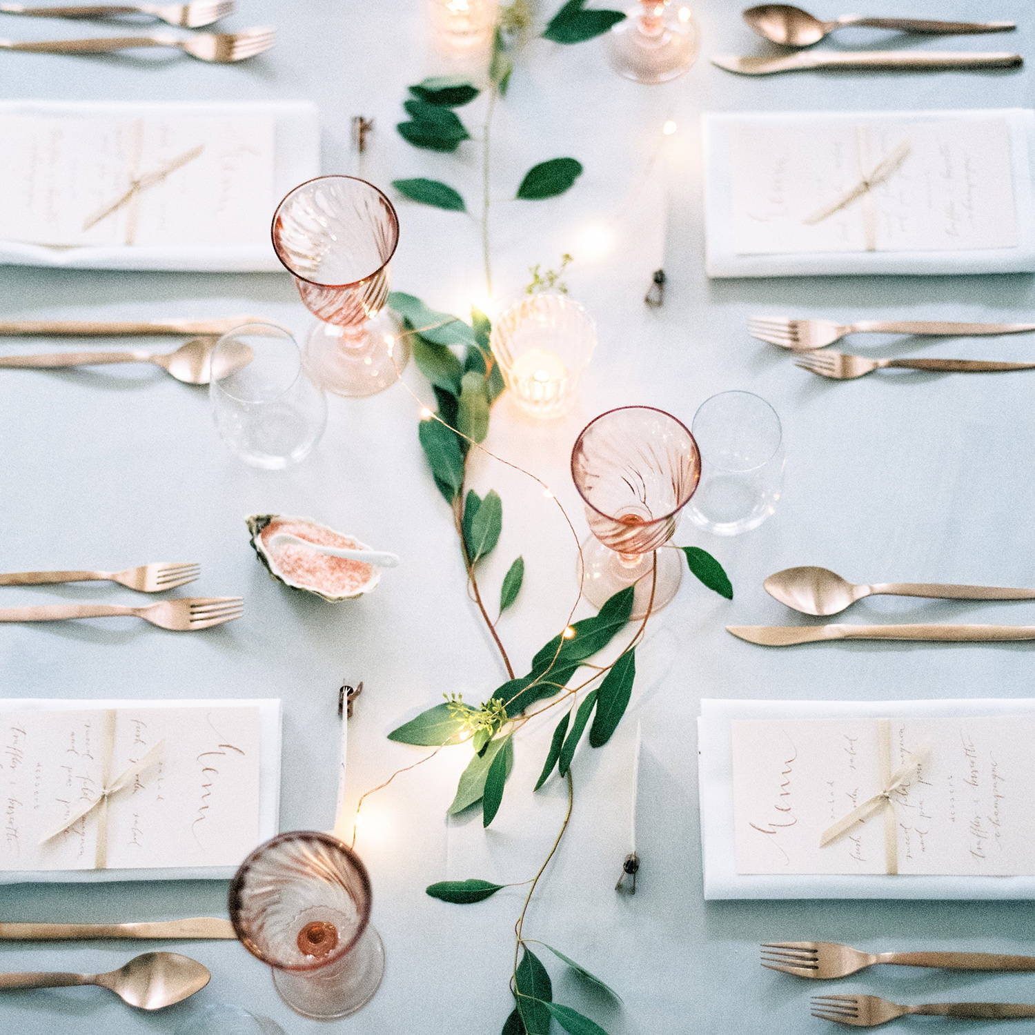 table setting with 50 warm white led copper outdoor micro fairy lights