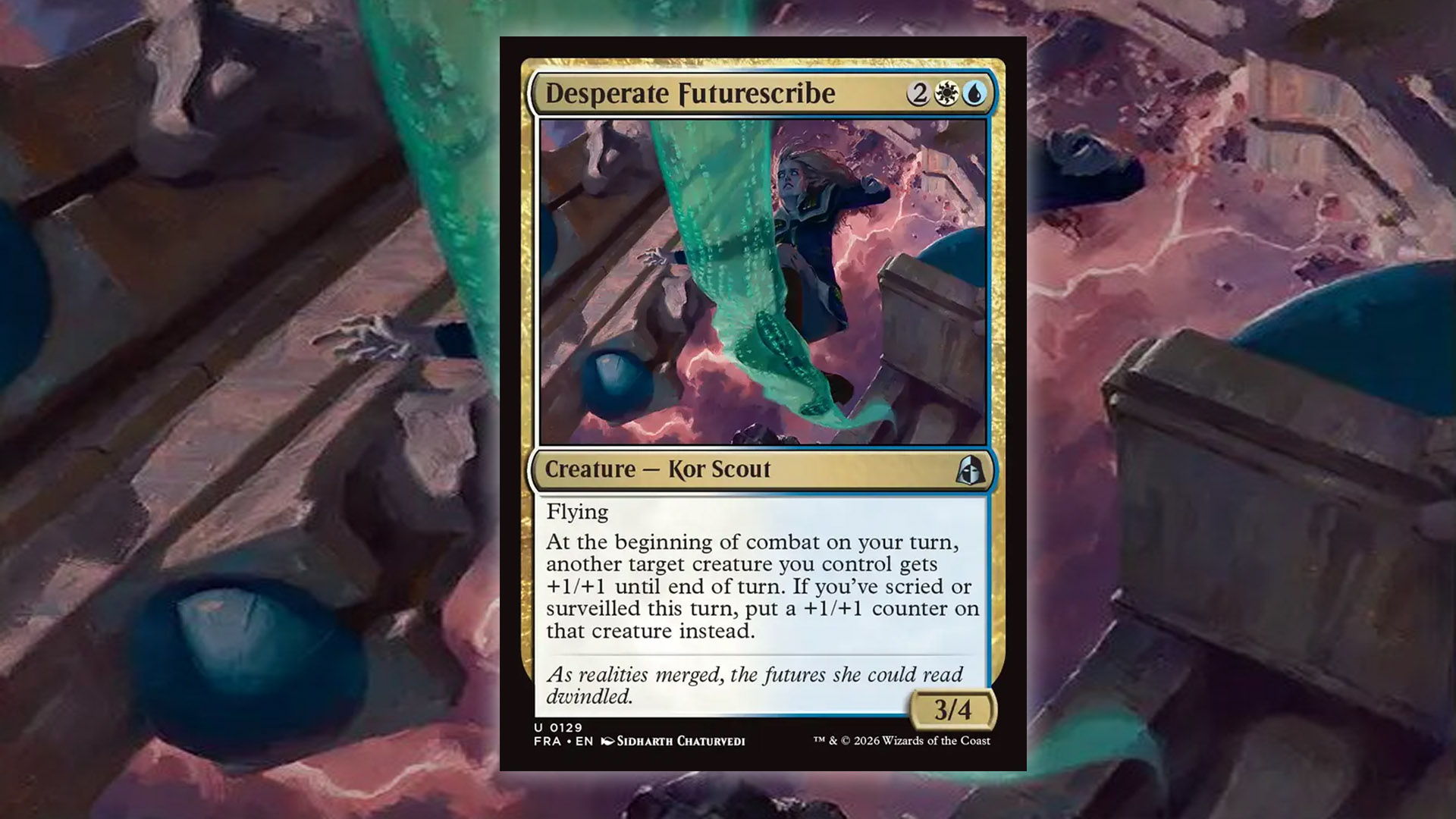 The card Desperate Future Scribe from the white/blue Surveil Aggro archetype in MTG's Reality Fracture expansion.