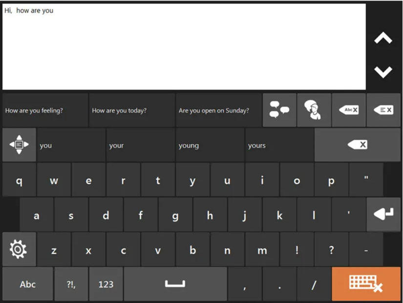 Example of an eye-gaze accessible keyboard on Communicator 5 AAC software