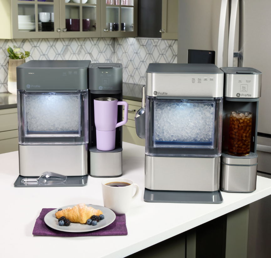 Two Opal Ice Makers with the new BrewPal on a kitchen countertop with food and coffee.