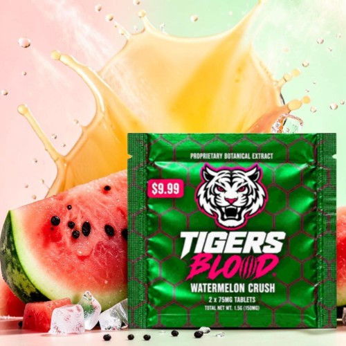 Tigers Blood Watermelon Crush product packaging with splashes of watermelon.